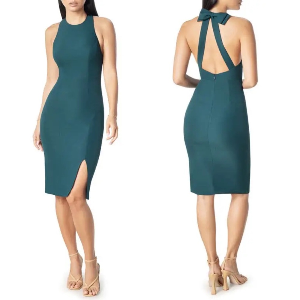 NWT DRESS THE POPULATION Pine Green EMME Back Bow SHEATH Cocktail DRESS M